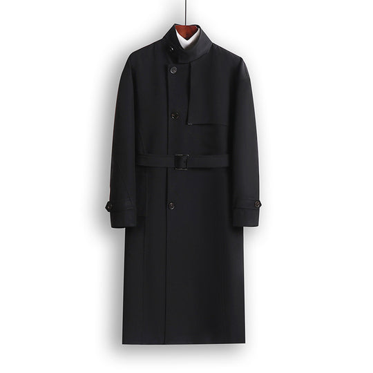 Herren Langgeschnittener Minimalistischer Trenchcoat mit Schalkragen und verstellbaren Ärmelriemen Shop Nory
