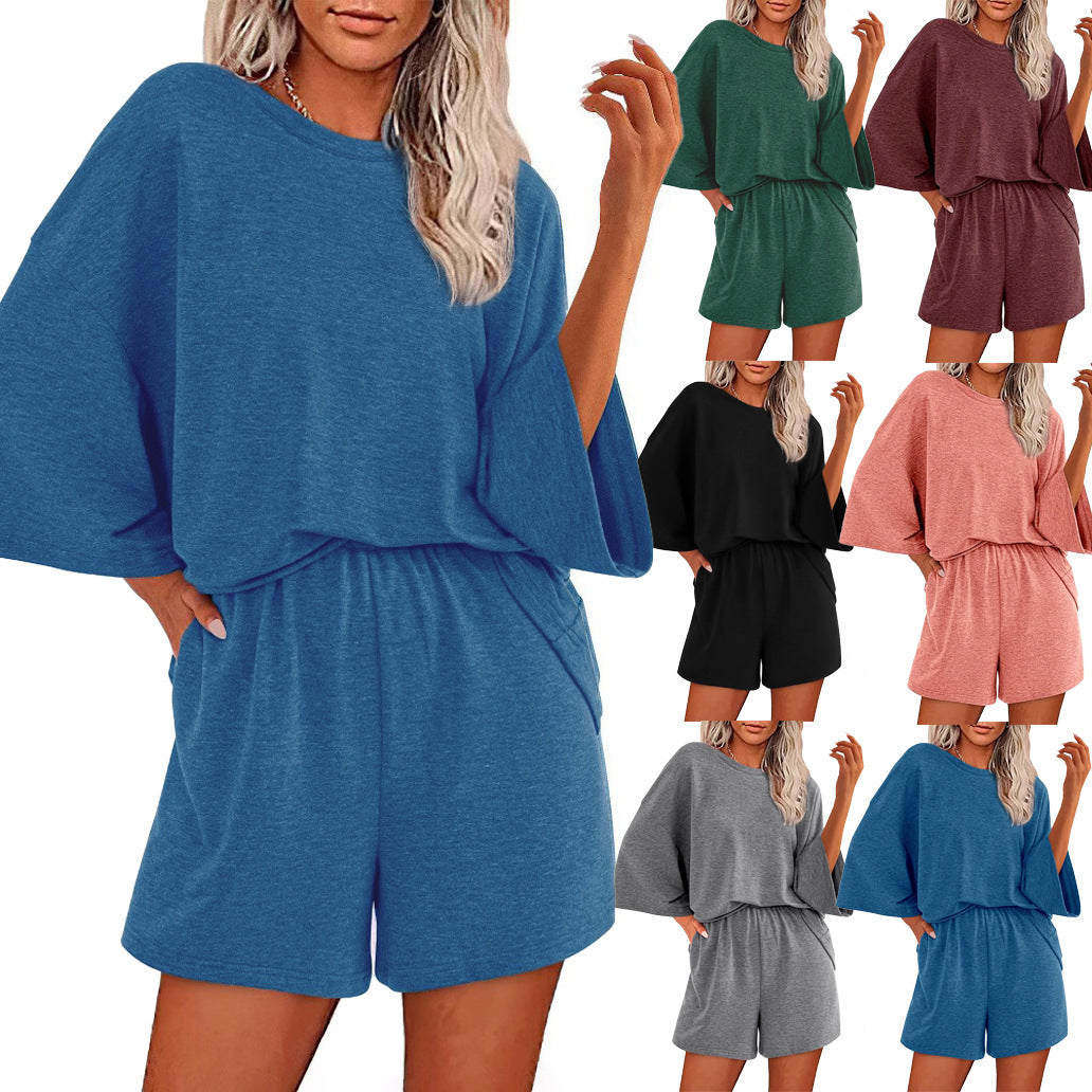 Damen Oversized Fledermaus Kurzarm Lounge Oberteil und Shorts Set mit Elastischem Bund Shop Nory