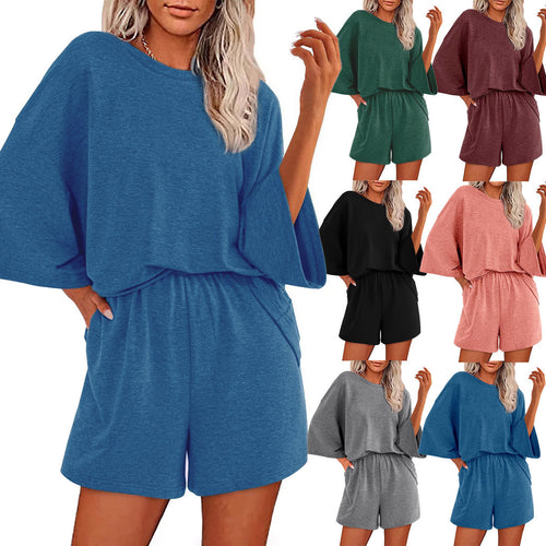 Damen Oversized Fledermaus Kurzarm Lounge Oberteil und Shorts Set mit Elastischem Bund Shop Nory