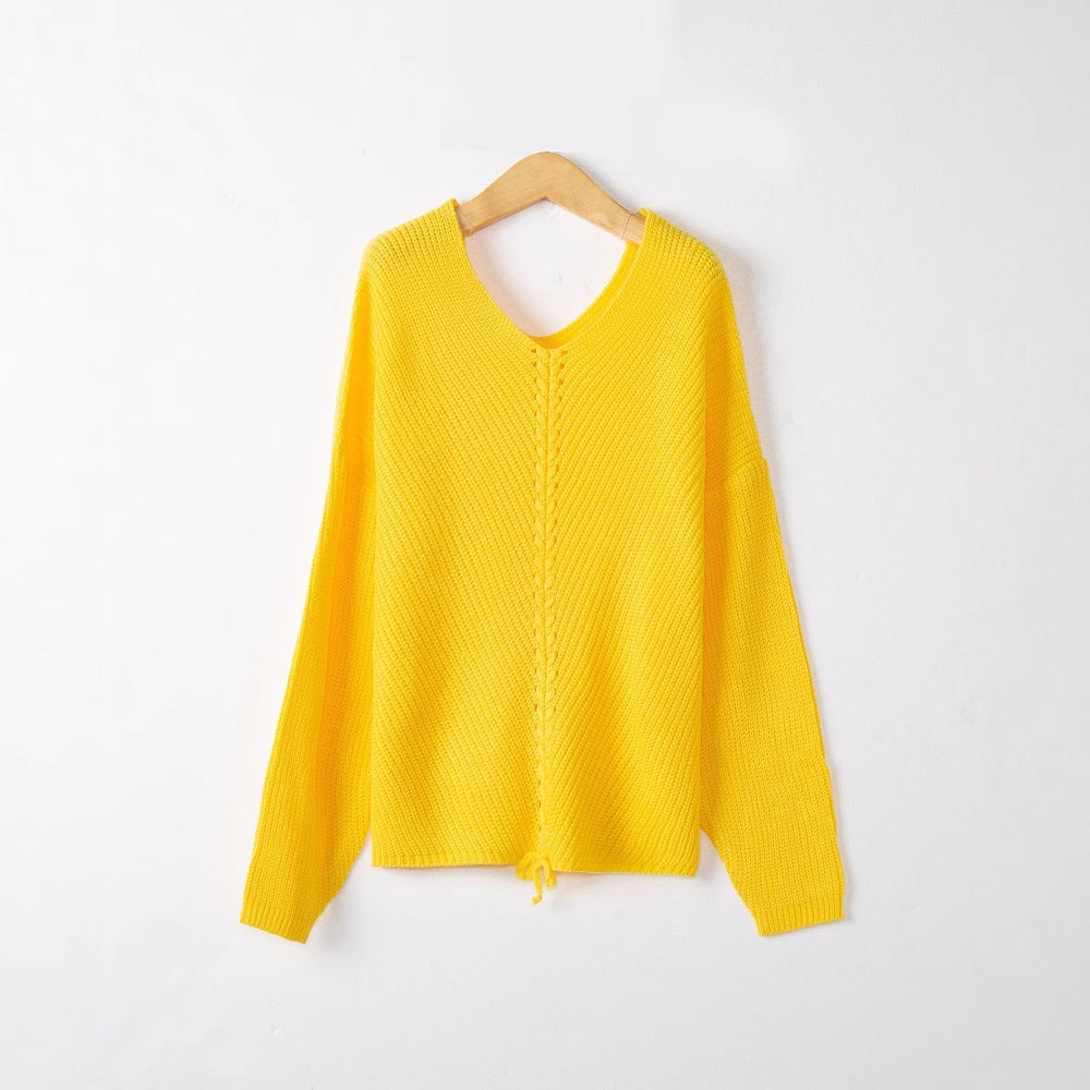Damen Strickpullover mit Zopfmittelnaht, V‑Ausschnitt und Kordelzug Shop Nory