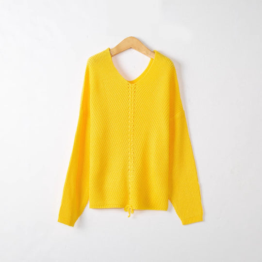Damen Strickpullover mit Zopfmittelnaht, V‑Ausschnitt und Kordelzug Shop Nory