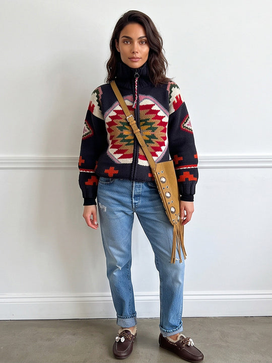 Damen Jacquard-Strickjacke mit Navajo‑Muster, Reißverschluss und hohem Kragen Shop Nory