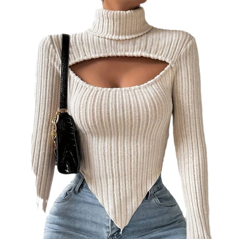 Damen geripptes Rollkragen-Top mit Cut-Out, spitz zulaufendem Zipfel-Saum und figurbetonter Stretch-Passform Shop Nory