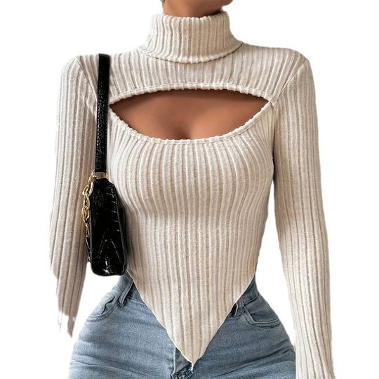Damen geripptes Rollkragen-Top mit Cut-Out, spitz zulaufendem Zipfel-Saum und figurbetonter Stretch-Passform Shop Nory
