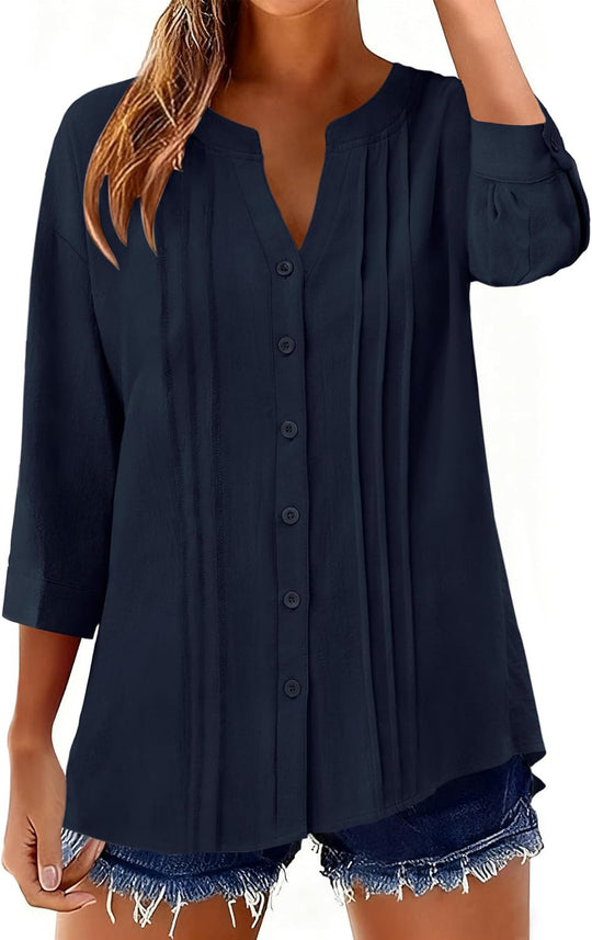 Damen Lockeres Tunikashirt mit Kellerfalten und dreiviertel Ärmeln Shop Nory