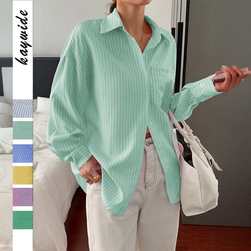 Damen nan locker geschnittene Longbluse mit Kentkragen, Brusttasche und feinem Nadelstreifen Shop Nory