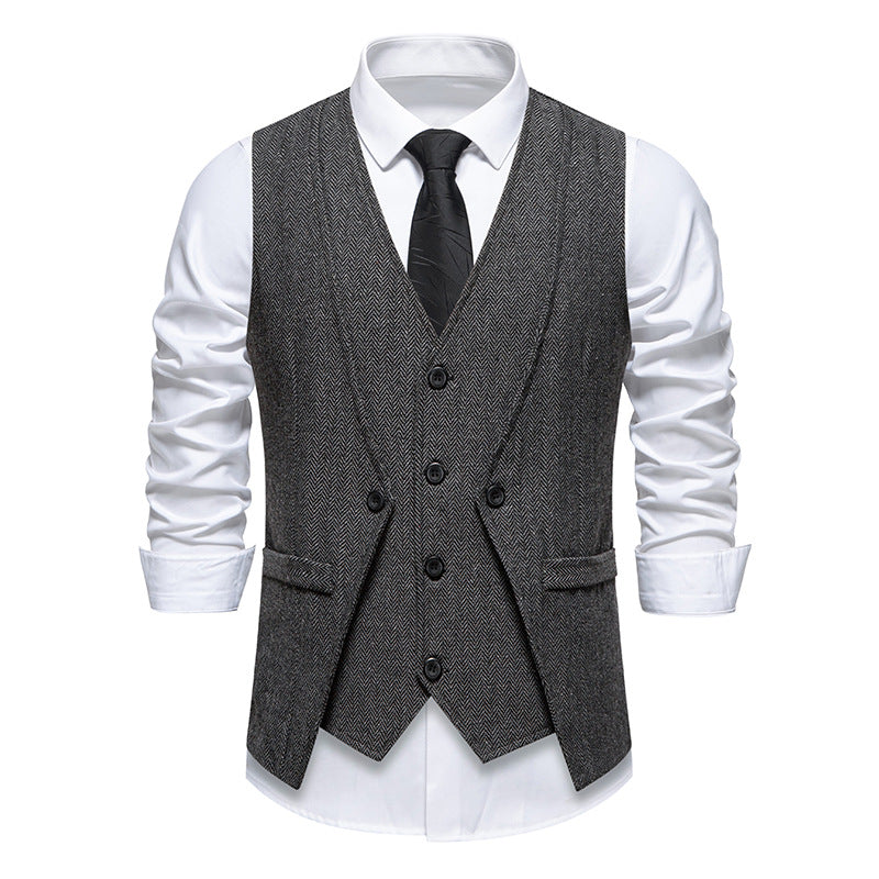 Herren Elegante Fischgräten-Tweedweste mit doppelreihiger Knopfleiste und Pattentaschen Shop Nory