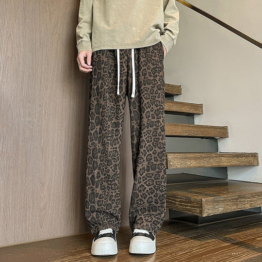 Herren Weit geschnittene Leoprint-Hose aus leichtem Viskose-Mix mit Kordelzug Shop Nory
