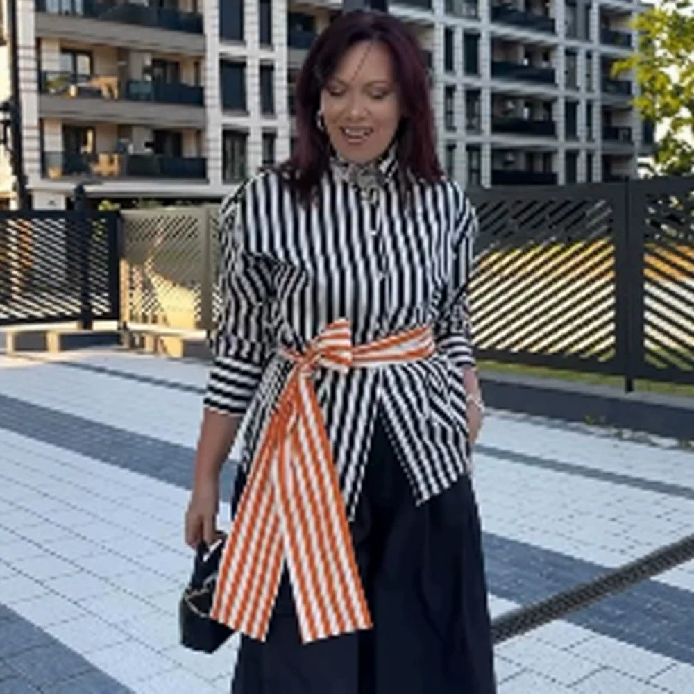 Damen Vertikalgestreifte Oversize‑Hemdbluse mit kastiger Silhouette und Bindegürtel Shop Nory