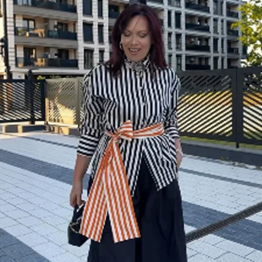 Damen Vertikalgestreifte Oversize‑Hemdbluse mit kastiger Silhouette und Bindegürtel Shop Nory