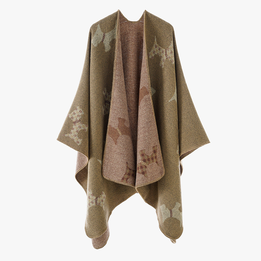 Damen Jacquard-Cape mit Hunde‑Motiv, doppelseitiger Wollmix und offenem Wasserfall‑Schnitt Shop Nory