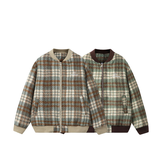 Unisex Kurzer kastig geschnittener Wollmix‑Bomber mit Karomuster und Rippenbund Shop Nory