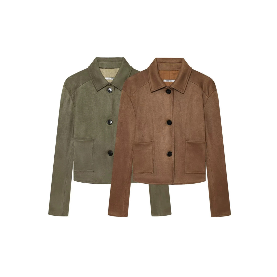 Damen Kurzjacke aus Velourslederimitat mit Hemdkragen und aufgesetzten Taschen Shop Nory