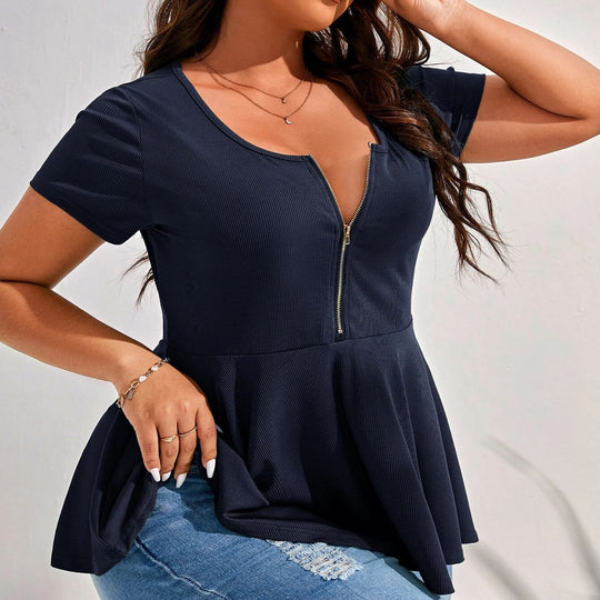Damen Geripptes Zip-Peplum-Top mit tiefem V-Ausschnitt Shop Nory