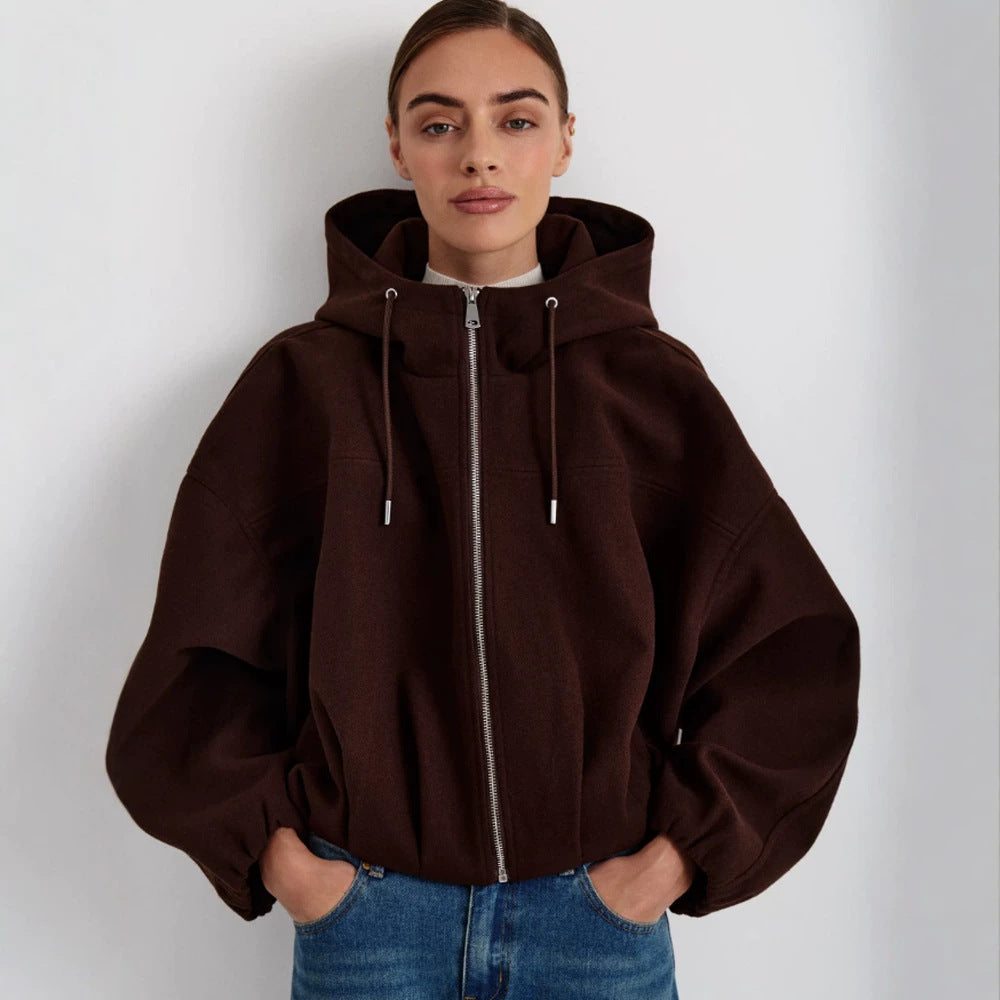 Damen Kurzjacke aus Wollmix mit Kapuze, kastiger Boxy‑Silhouette & gerafftem Saum Shop Nory