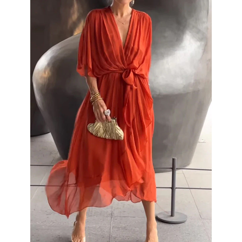 Damen Chiffonkleid V-Ausschnitt Elegant