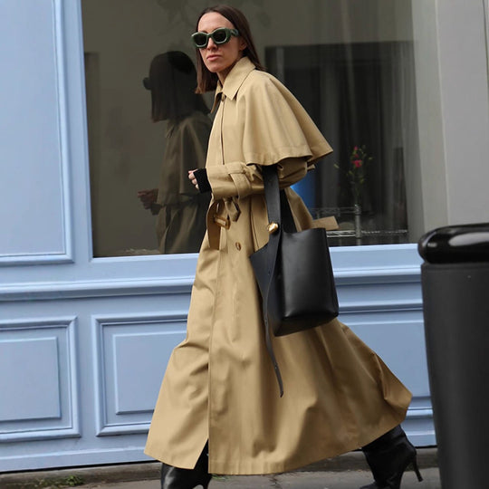 Damen Langer Trenchcoat mit Capelet, Taillengürtel und Raglanärmeln Shop Nory