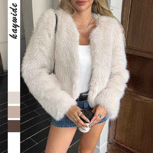 Damen nan kuscheliger Kurzmantel aus Webpelz mit cleanem Rundhals, verdecktem Verschluss und langen Fellärmeln Shop Nory