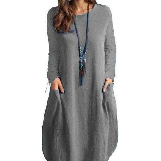 Damen lässiges Freizeitkleid mit seitlichen Taschen und Rundhalsausschnitt