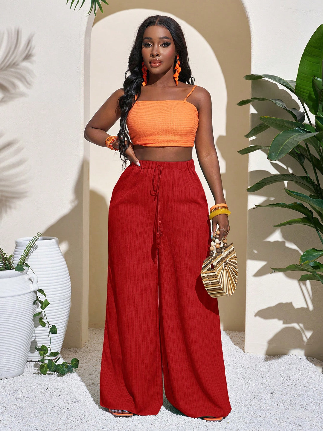 Damen Palazzo-Hose mit hohem Bund, elastischem Kordelzug und weitem Bein Shop Nory