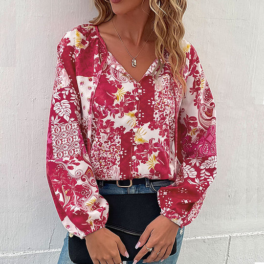 Damen Leichte Boho-Bluse mit Patchwork‑Print, Bindeschlitz und Ballonärmeln Shop Nory