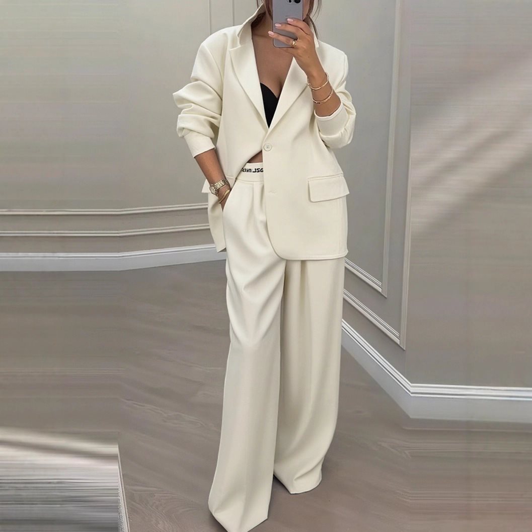 Damen Oversize-Blazer mit Kontrastbesatz und High‑Waist Palazzo‑Hose Zweiteiler Shop Nory