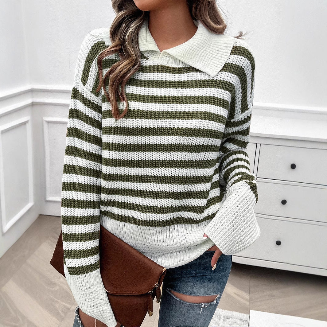 Damen nan gestreifter Polokragen-Strickpullover mit weitem Saum und ausgestellten Bündchen Shop Nory