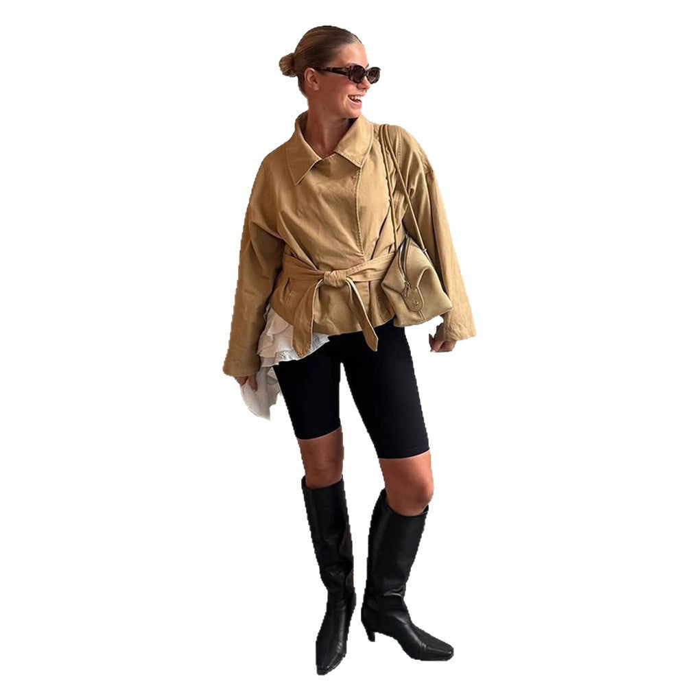 Damen Kurze Taillierte Canvas-Jacke mit Bindegürtel und überschnittenen Schultern Shop Nory
