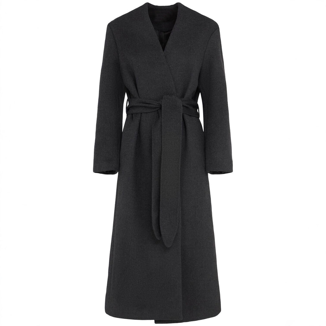 Damen Langer Wollmantel mit Bindegürtel und V-Ausschnitt Shop Nory