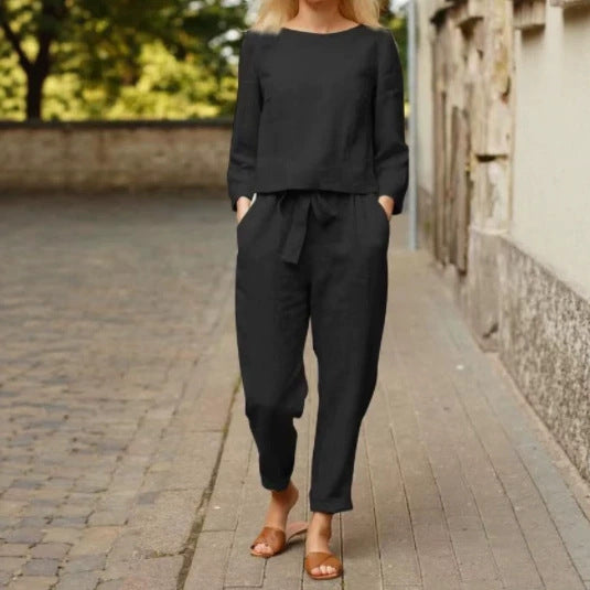 Damen Lässiges Leinen-Loungewear-Set mit Rundhalsausschnitt, Bindegürtel und knöchellanger Hose Shop Nory