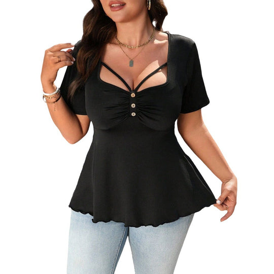 Damen stilvolles T-Shirt mit dekorativen Cut-Outs und Knopfdetails Shopnory