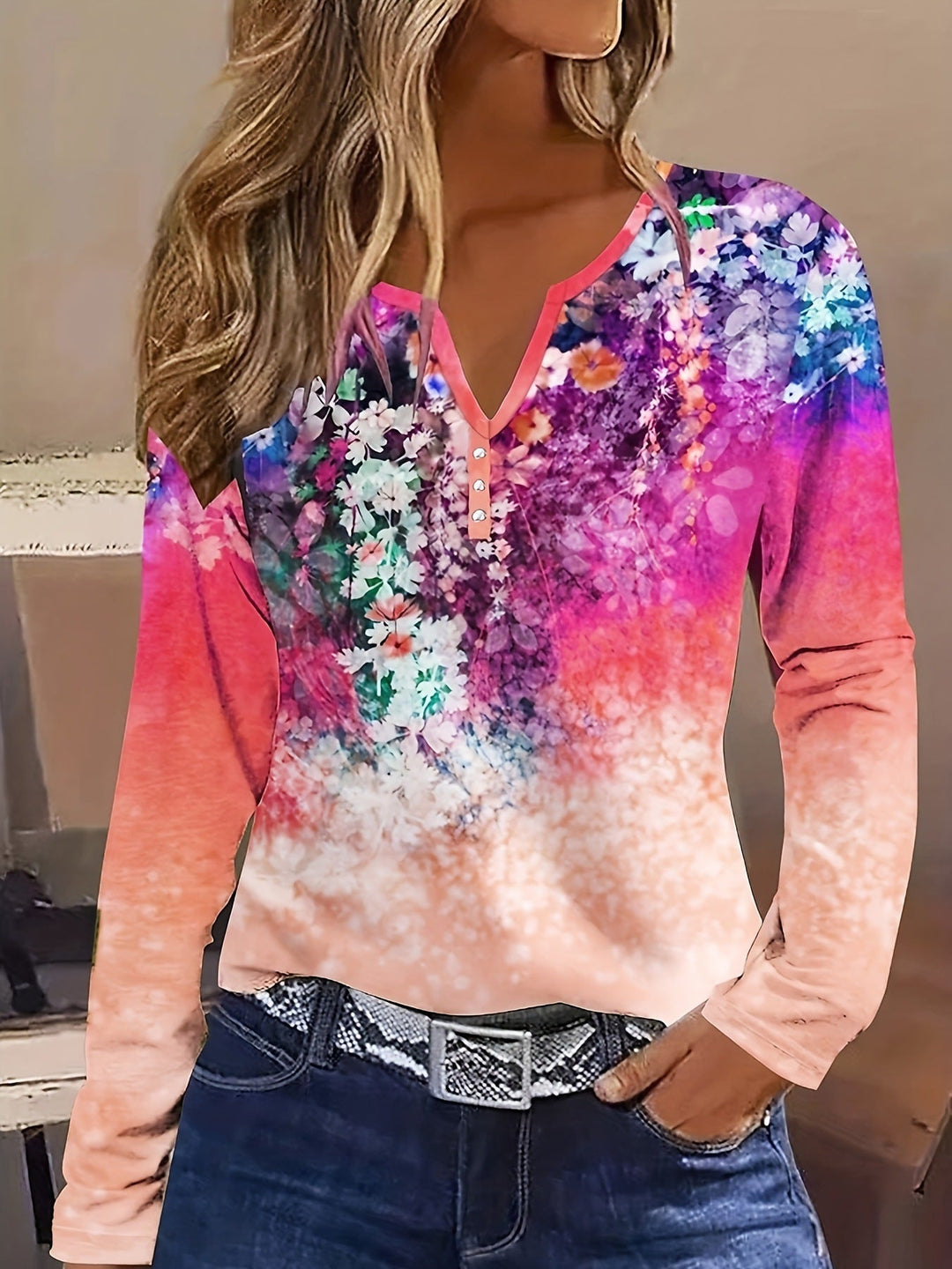 Damen Blütenmuster Langarmshirt mit Knopfleiste