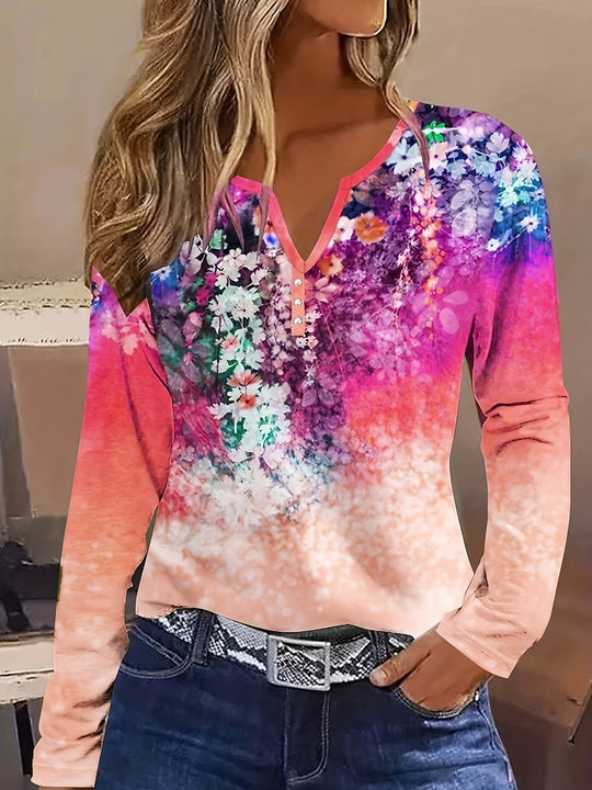 Damen Blütenmuster Langarmshirt mit Knopfleiste
