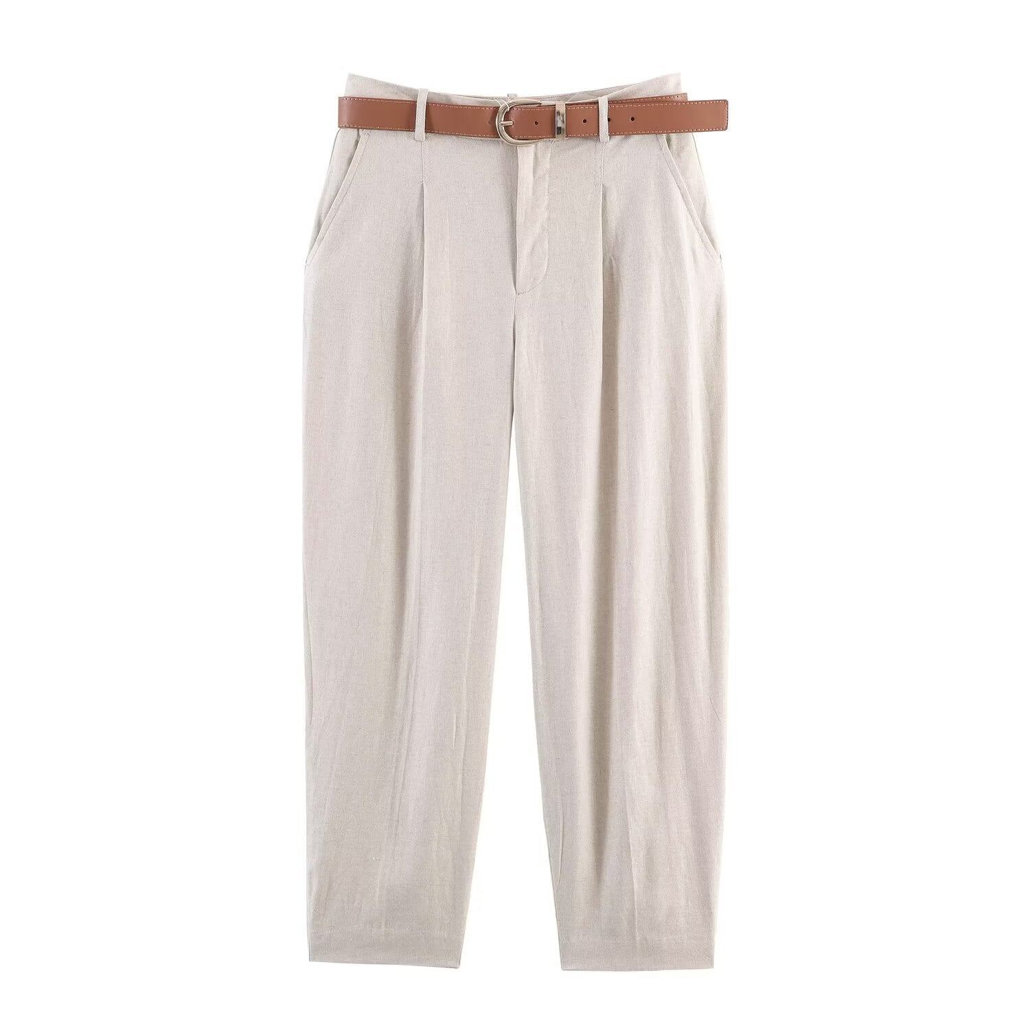 Damen hochwertige, ausgestellte Leinenhose mit modischem Gürtel