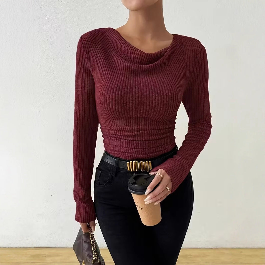 Damen Gerippter Taillierter Feinstrickpullover mit Raffung Shop Nory