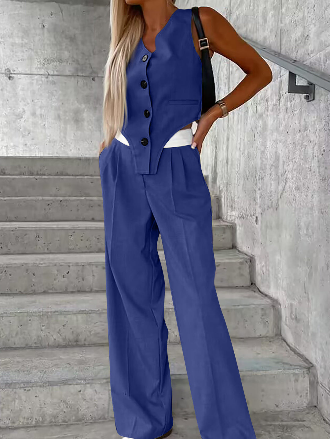 Damen Asymmetrisches Gilet- und Palazzohosen-Set mit Bundfalten und Eingrifftaschen Shop Nory