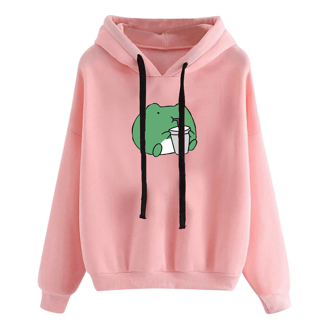 Damen nan kurz geschnittener Cropped-Kapuzenpullover mit niedlicher Frosch-Illustration und verstellbarer Kapuze Shop Nory