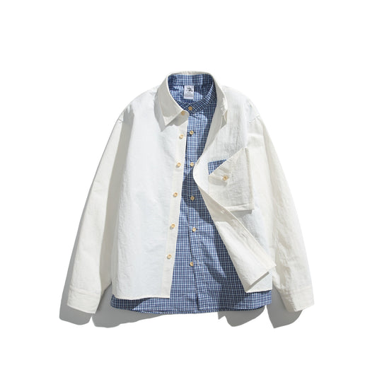 Herren Boxy-Overshirt im Layer-Look mit kariertem Innenfutter, Brusttasche und Holzknöpfen Shop Nory
