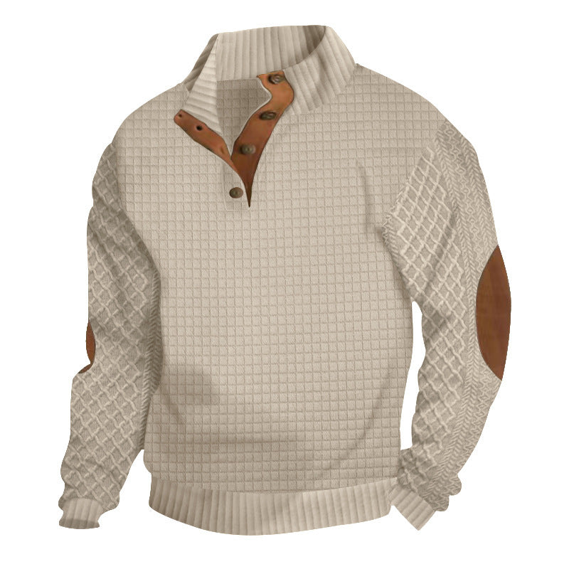 Herren Waffelstrick-Halbzip-Pullover mit Stehkragen Lederbesatz und Ellbogenpatches Shop Nory