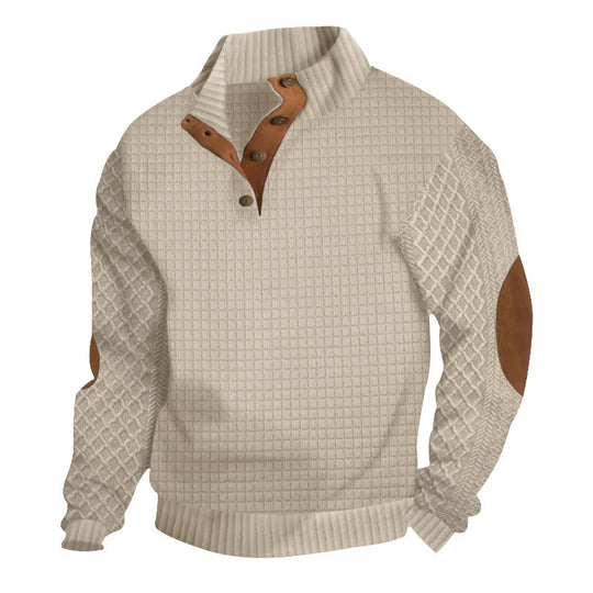 Herren Waffelstrick-Halbzip-Pullover mit Stehkragen Lederbesatz und Ellbogenpatches Shop Nory