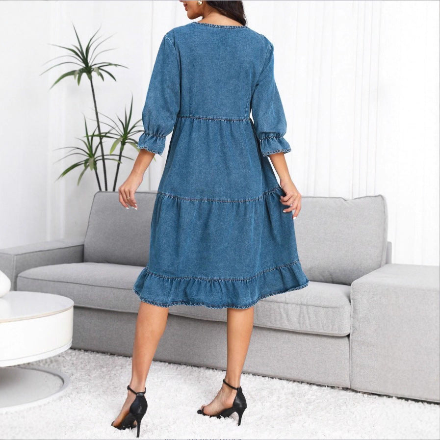 Damen Stufenvolant-Denim-Midikleid mit halblangen Ärmeln und geraffter Empire-Taille Shop Nory