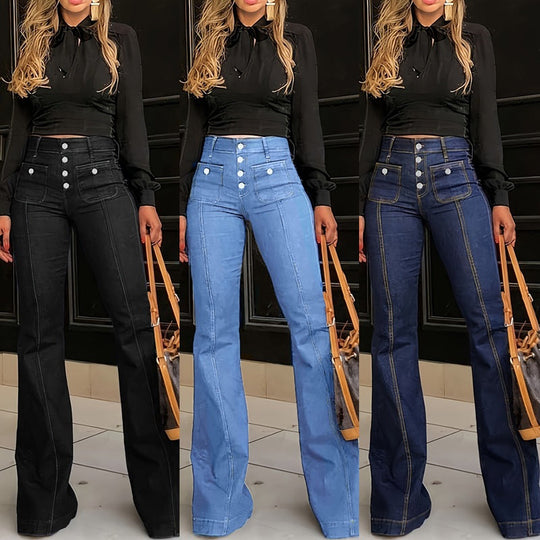 Damen High-Waist Schlagjeans mit Knopfdetails
