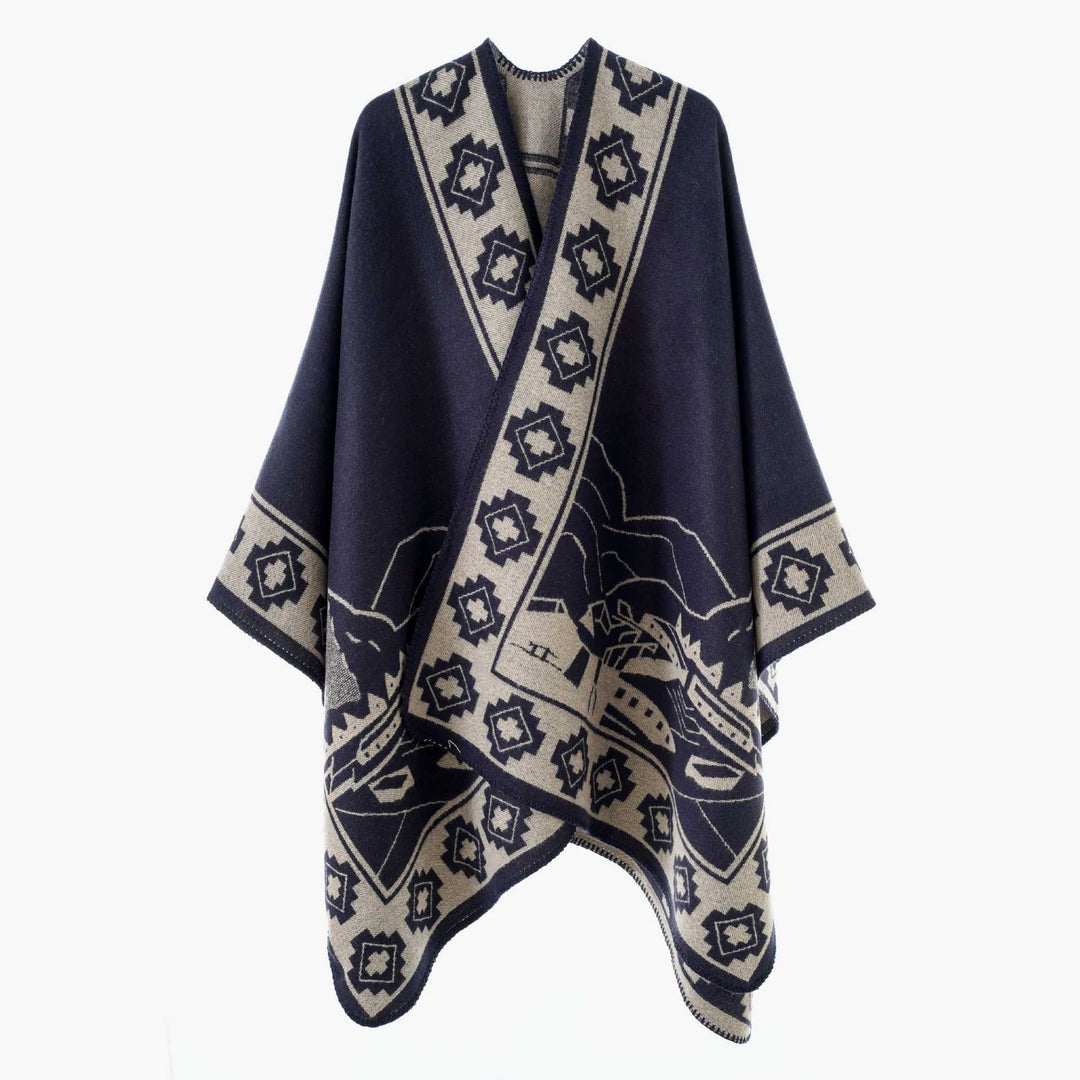 Damen Jacquard‑Strickponcho mit offenem Fall und Bordüren‑Detail Shop Nory