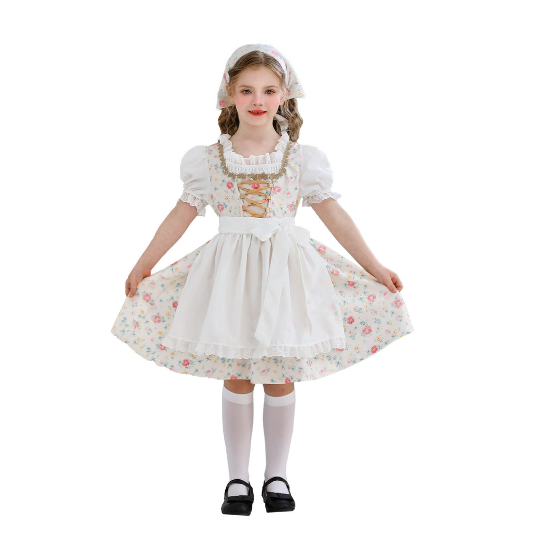 Damen nan traditionelles Dirndlkleid für Mädchen mit bestickter Schürze, Rüschenkragen und passendem Kopftuch Shop Nory