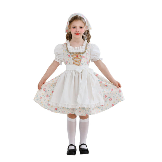 Damen nan traditionelles Dirndlkleid für Mädchen mit bestickter Schürze, Rüschenkragen und passendem Kopftuch Shop Nory