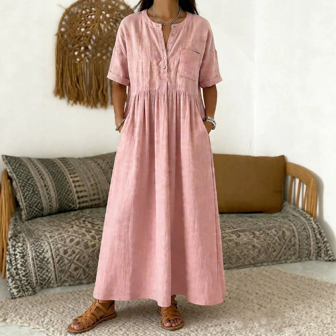 Damen Langes Boho‑Maxikleid mit Henley‑Knopfleiste, Brusttasche und seitlichen Eingrifftaschen Shop Nory