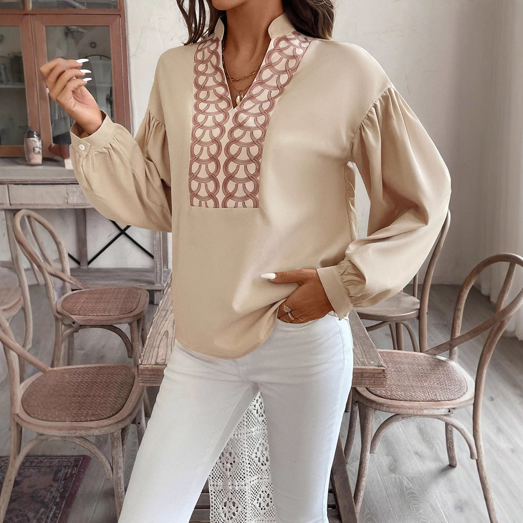 Damen Bluse mit Stehkragen, bestickter V‑Passe und ballonärmeln Shop Nory