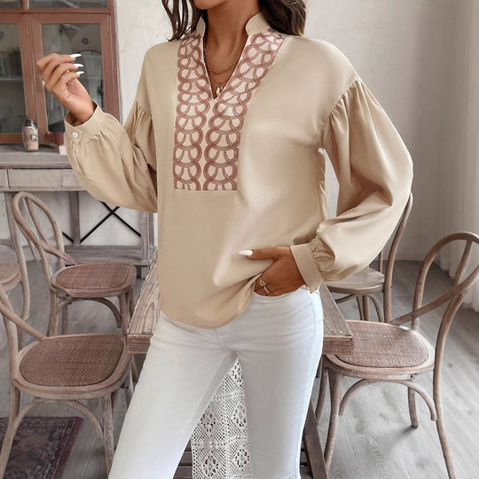 Damen Bluse mit Stehkragen, bestickter V‑Passe und ballonärmeln Shop Nory