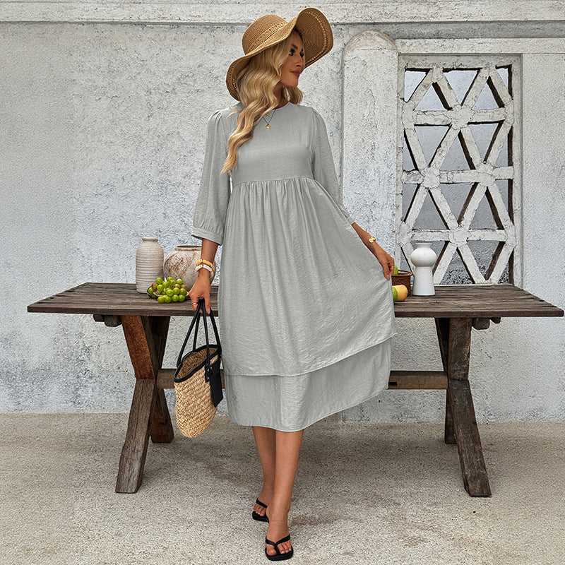 Damen Lagen-Midikleid mit geraffter Taille, 3/4-Ärmeln und lockerem A-Linien-Schnitt Shop Nory