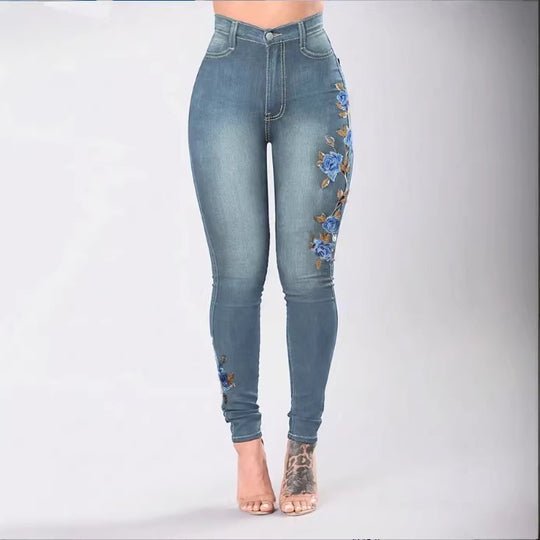 Damen Hochtaillierte Sculpting-Skinny-Jeans mit seitlicher Blumenstickerei Shop Nory